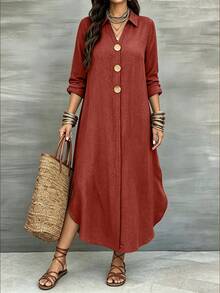 Weeklong Women's Plus Size Spring/Autumn Pullover Loose A-Line Dress With Exquisite Metal Buckle Decoration - Burgundy - View 3