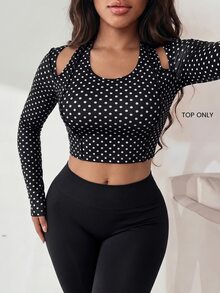 Dewbera Dewbera Kaos Olahraga Wanita Motif Polkadot dengan Potongan Bahu - Hitam dan Putih - View 1