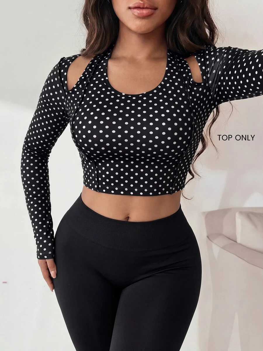 Dewbera Dewbera Kaos Olahraga Wanita Motif Polkadot dengan Potongan Bahu - Hitam dan Putih - View 1