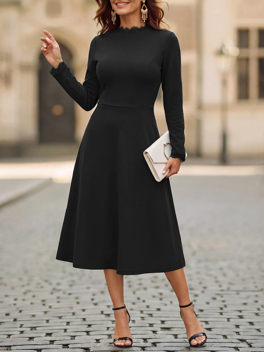 EMERY ROSE Women's Solid Color Casual Elegant Minimalist Party Office Semi Formal Mid-Length Dress Black Autumn - Black - View 1