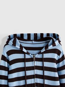 ROMWE Grunge Punk Women's Striped Long Sleeve Zipper Front Drawstring Hooded Knit Cardigan - Blue - View 3
