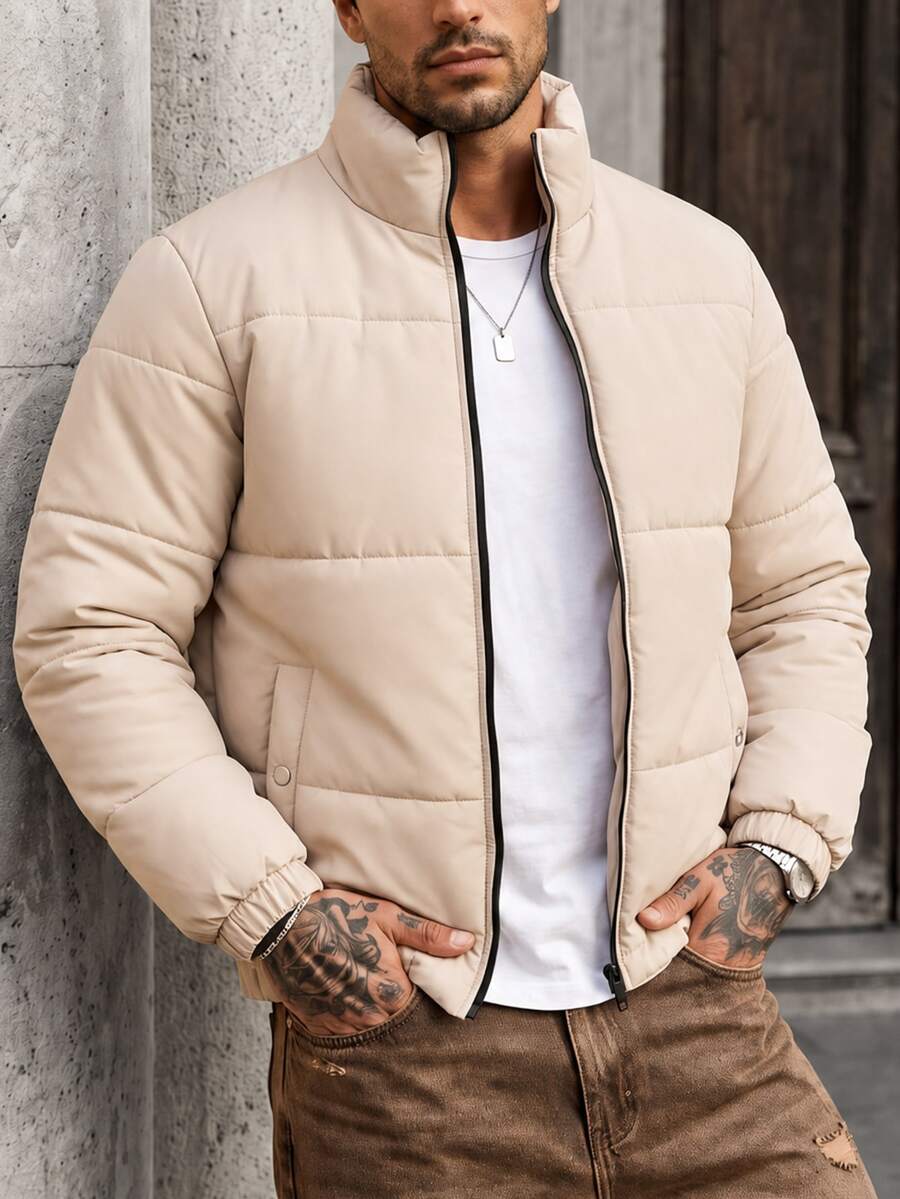 Manfinity CasualCool 男士立領拉鍊冬季加厚棉襖,適合戶外休閒穿著 - 卡其色 - 查看 1