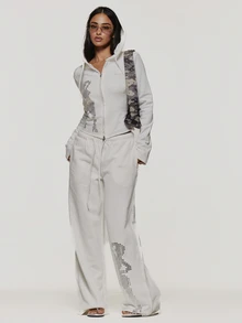 MUSERA White Graphic Printed Studded Cropped Distressed Sweatpants Autumn Winter Festival Holiday Vacation Going Out Halloween Ultra M - White - View 1