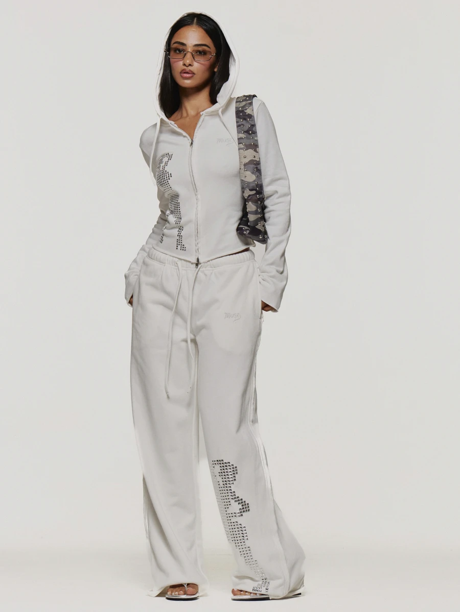 MUSERA White Graphic Printed Studded Cropped Distressed Sweatpants Autumn Winter Festival Holiday Vacation Going Out Halloween Ultra M - White - View 1