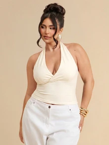 SHEIN BAE CURVE 純色極簡性感V領掛脖蝴蝶結肩帶百搭背心上衣，適合派對、度假、約會 - 杏色 - 查看 1