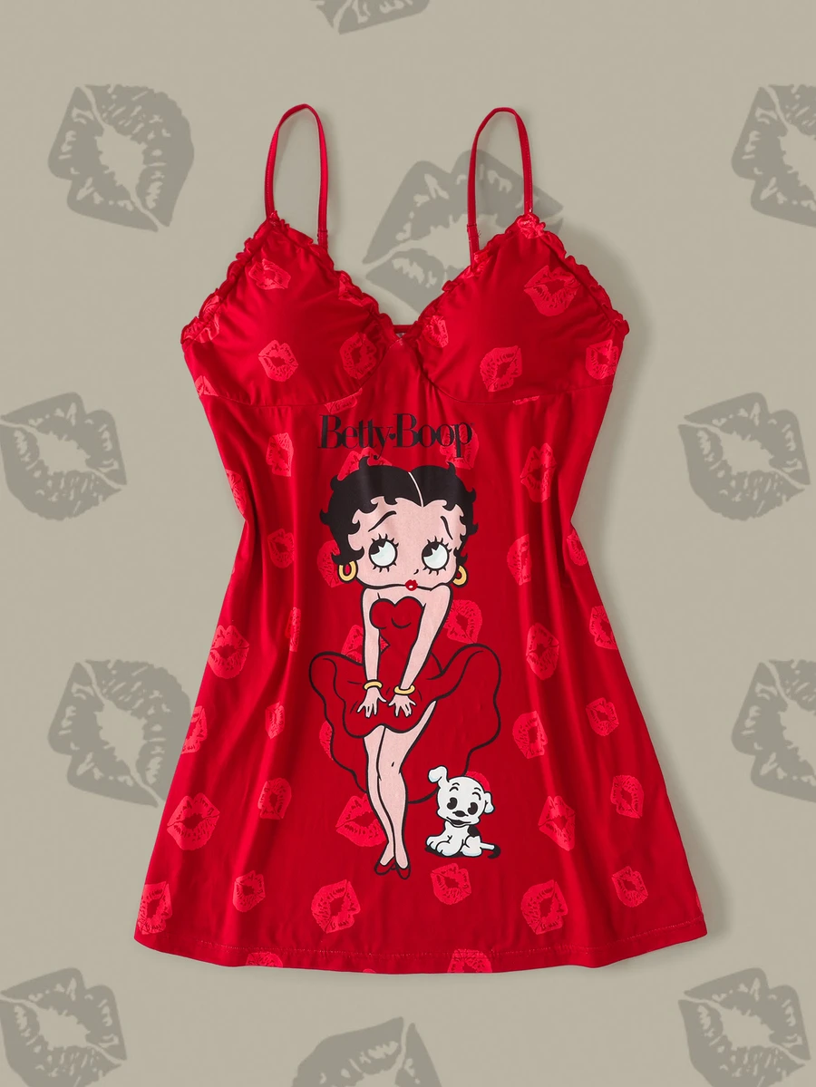 Betty Boop x SHEIN Plus Size Women's Lip Print Cami Nightgown - Red - View 1