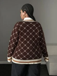 Maweii Plus Size Women's Letter Stripe Long Sleeve Single-Breasted Knit Cardigan - Coffee Brown - View 3