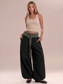 Avantive Women's Plaid Patchwork Drawstring Waist Pocket Loose Long Pants - Black - View 8