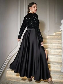 Reflora Plus Size Women Solid Color Sequin Waist Rhinestone Decor Elegant Dress - Black - View 2