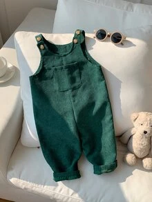 SHEIN 男嬰綠色百搭舒適燈芯絨吊帶長褲，適合秋冬聖誕節 - 綠色 - 查看 3
