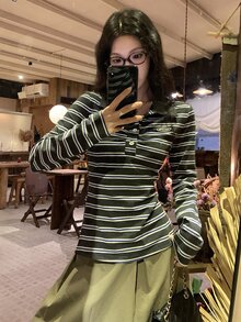 DAZY Women's Collared Striped Long Sleeve T-Shirt, Autumn/Winter - Blue - View 6