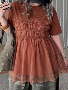 Dazy Plus Solid Color Contrast Mesh Doll Blouse Cute Pullover Short Sleeve Spring Summer Autumn T-Shirt - Brown - View 4