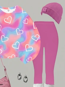 青少年女孩休閒極簡甜美可愛波點愛心漸層紮染粉色圓領長袖衛衣與內搭褲2件套，適合秋冬，舒適秋季與冬季風格，情人節，卡哇伊，慵懶，Y2K - 白色 - 查看 5
