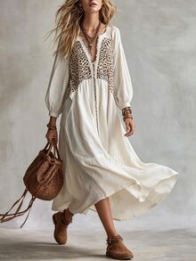 SHEIN Vintage Boho Leopard Print Spliced Long Dress For Women Autumn Winter V-Neck Puff Sleeve Loose Flowy Casual Oversized Maxi Picnic Vacation Off-White - White - View 4