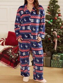 Doze Lane European & American Style Thick Plush Christmas Reindeer Print Plus Size Pajama Set For Women - Blue - View 4