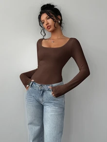 SHEIN BASICS 女款休閒針織修身長袖圓領基本款T恤冬季女裝 - 棕色 - 查看 8