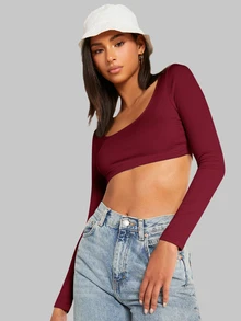 SHEIN BASICS 女款純色圓領長袖短版修身T恤上衣 白色上衣 - 酒紅色 - 查看 5