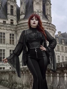 Whyspr Gothic Cold Elegant Ascetic Style Lightweight Sheer Chiffon Stand Collar Blouse, Double Layer Hollow Back Multi-Layer Ruffle Hem Long Flared Sleeve Crop Top, Dark Style Semi-See-Through Chiffon Stand Collar Shirt, Hollow Back Small Ruffle Layer Flared Long Sleeve Crop Top - Black - View 6