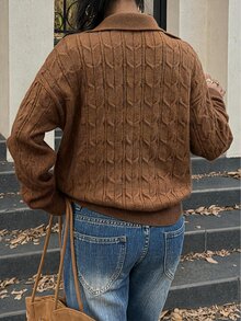 FavEase Women's Autumn/Winter Casual Youthful College Style Turn-Down Collar Ribbed Twisted Rope Knit Sweater - Brown - View 2