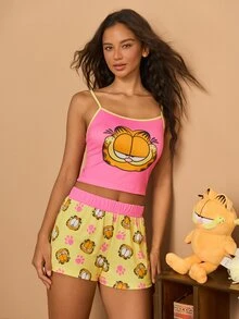 GARFIELD | SHEIN Women's Cartoon Print Camisole Top And Shorts Casual Daily Home Sleepwear Set - Multicolor - View 3