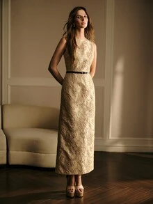 MOTF PREMIUM EXQUISITE JACQUARD LONG DRESS FOR WOMEN - Gold - View 5