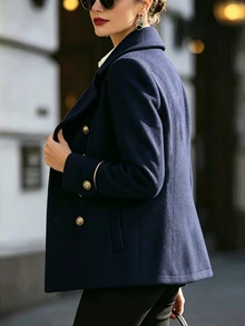 RosyDaze Women's Elegant Double-Breasted Pocket Long Sleeve Overcoat - Navy Blue - View 2
