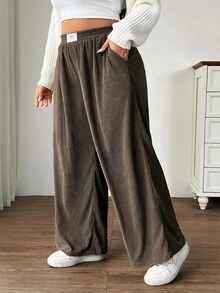 SHEIN EZwear Camel 大尺碼女款秋冬休閒校園室內工作穿搭卡其色燈芯絨布料附口袋拼接設計高腰寬鬆寬腿長褲 - 駝色 - 查看 7