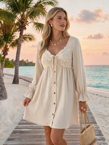 Sylviya Casual Women's Autumn/Winter Lace Long Sleeve Ruffle Hem Dress Fall Winter 2026 Winter Clothes Fall Clothes For Women 2026 Fall Winter Dress - Khaki - View 3