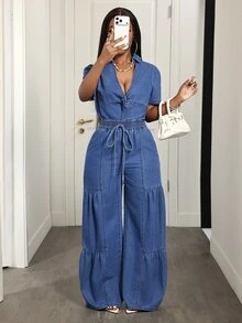 Slaydiva Women's Sexy Front Knot Ruched Waist Denim Jumpsuit - Blue - View 1