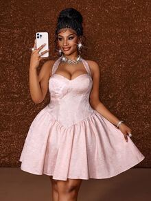 Maweii Plus-Size Sexy Pink Cold Shoulder Backless Dress - Pink - View 2