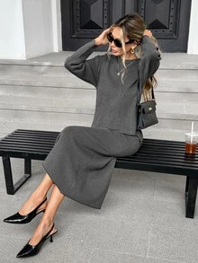 Pariaura Slouchy Minimalist Commute Casual Premium Feel Round Neck Loose Fit Slimming Pullover Sweater And Elastic Waist Skirt 2 Pieces Set - Grey - View 1
