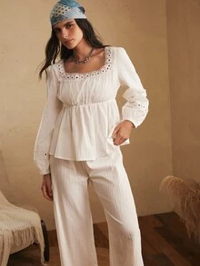 Lullawish Women's Solid Color Contrast Lace Long Sleeve Top And Pants Pajama Set - White - View 6