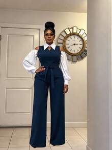 Maweii Plus Size Women's Sexy Jumpsuit, Black & White Colorblock, Commute Daily Office Wear, Shirt Collar, V-Neck Design, Waist Tie, Dropped Shoulder, Cutout Detail - Navy Blue - View 3