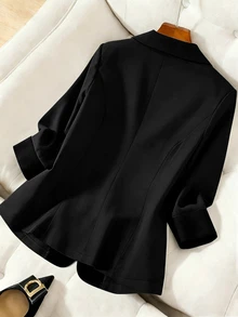 GlowEve CURVE Blazer Ukuran Besar Elegan dengan Kerah Pas Badan, Jaket Bisnis Kasual Blok Warna Kancing Tunggal, Musim Gugur/Dingin - Hitam - View 2