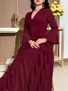 Feyla Plus Size Fashion Pleated Ruffle Trim Evening Dress - Burgundy - View 4