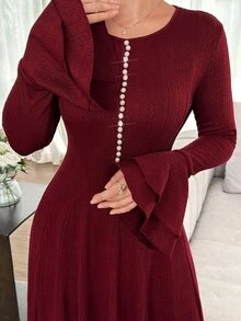 Yasmyna Early Autumn Vibe Jacquard Knit Dress, Slimming Fitted Long Flared Dress, Gentle Style - Burgundy - View 7