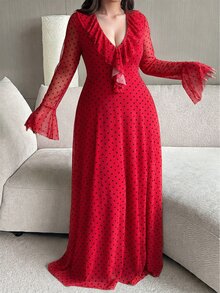 Vibekara Plus Size Women's V-Neck Flared Sleeve Party Office Sweet Sexy Dress With Ruffles And Polka Fall - Multicolor - View 1