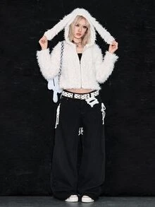 ROMWE Y2K Women's Autumn/Winter Faux Rabbit Fur Rabbit Ear White Coat - White - View 6