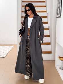 SHEIN EZwear 女款黑色編織長版休閒防風外套 秋冬款 - 深灰色 - 查看 3