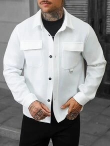 Manfinity Homme 男士純色羊毛混紡休閒長袖夾克，適合秋冬穿著，米色鈕扣開襟夾克 - 白色 - 查看 3