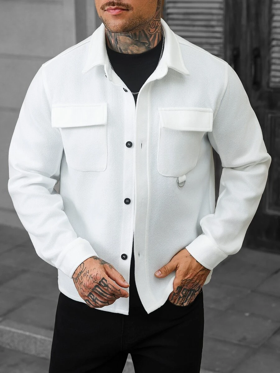 Manfinity Homme Men's Solid Color Wool Blend Casual Long Sleeve Jacket, Suitable For Autumn/Winter Wear, Beige Button-Up Jacket - White - View 1