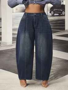 Slaydiva Celana Jeans Wanita Ukuran Besar dengan Saku dan Efek Cuci Vintage, Potongan Kaki Melengkung - Dark Wash - View 3