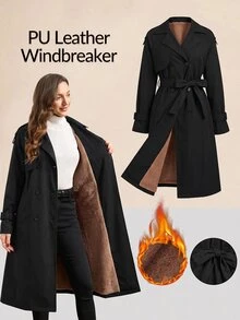 SHEIN Clasi 女款時尚百搭鈕扣口袋長袖風衣 - 黑色 - 查看 7