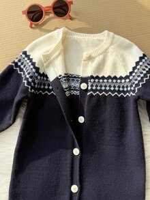 1件嬰兒幼童男嬰時尚配色費爾島幾何圖案長袖軟厚針織毛衣連身衣 聖誕節萬聖節秋冬款 - 彩色 - 查看 7