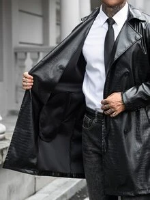 Manfinity CasualCool 男士鈕扣前襟長袖口袋極簡休閒風衣，戶外PU風衣，適合送給朋友或丈夫的禮物 - 黑色 - 查看 6
