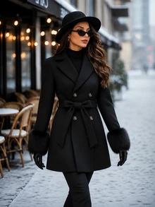 Editum Women's Solid Color Lapel Neck Long Sleeve Double-Breasted Elegant Overcoat - Black - View 3