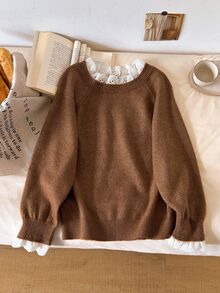 Story & Sage Women's Embroidered Stand Collar Raglan Long Sleeve Casual Sweater - Brown - View 5