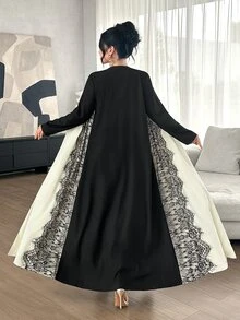Graceveil Apricot And Black Contrast Wave Eyelash Lace Patchwork Long Cardigan Arabic Loose Long Sleeve Outerwear Robe - Black and White - View 2