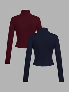 SHEIN EZwear 2件組 酒紅與海軍藍針織拉鍊長袖女款T恤，適合秋冬穿著 - 彩色 - 查看 2