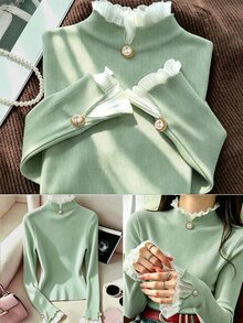 RosyDaze Autumn/Winter Sweet & Gentle Style Pink Ribbed Knit Base Layer Top, Chiffon Frill Trim Semi-High Neck Pearl Button Fitted Flare Long Sleeve T-Shirt, Versatile Inner Layer Top For Commute And Date - Green - View 2